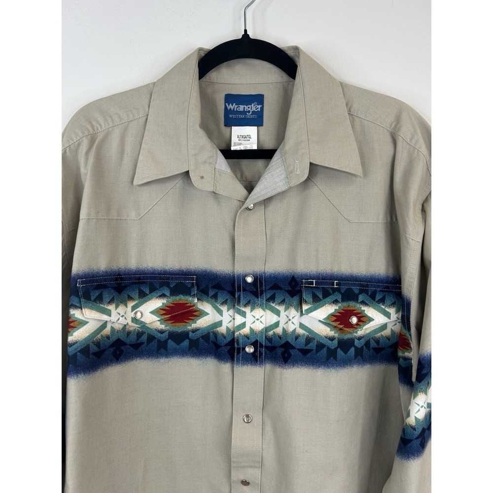 Wrangler Vintage Pearl Snap Long Sleeve Shirt Western Cowboy Southwestern Aztec - Picture 3 of 10